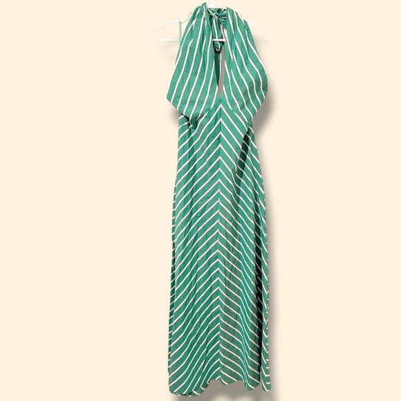 STAUD Green White Striped Poplin Cotton Tie Halter Dawn Maxi Dress M - Picture 2 of 10